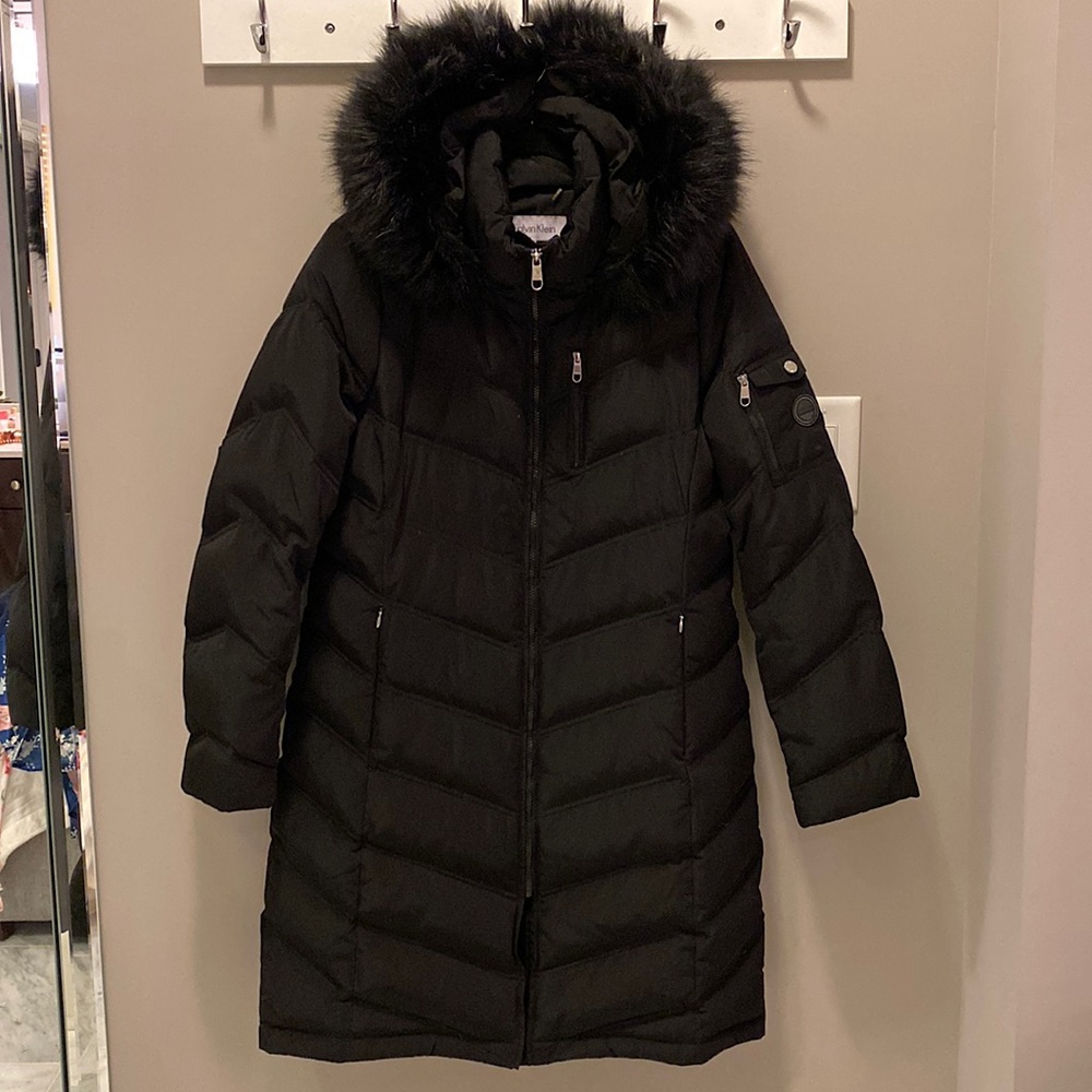 Calvin Klein Hooded Faux Fur Trim Down Puffer Black Winter Coat Medium